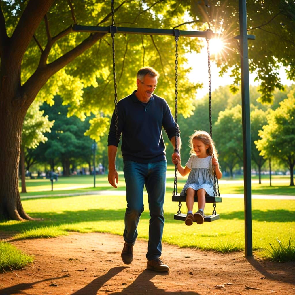 Father and Daughter in Sunlit Park Scene