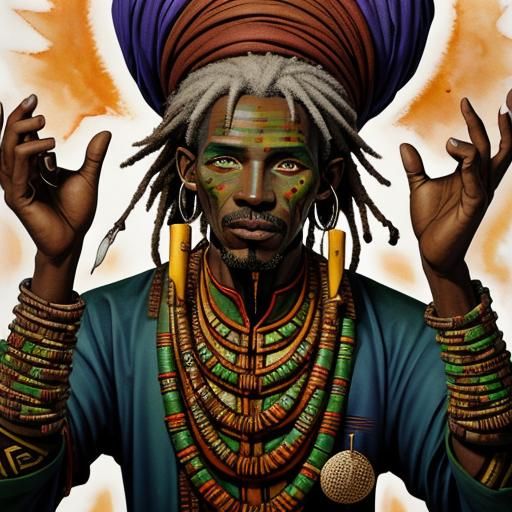 African Healer in Watercolor Folk Art Style