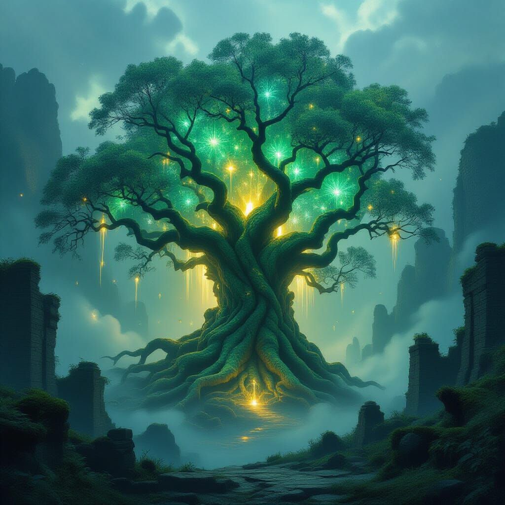 Ancient Tree with Bioluminescent Leaves in Ruined Valley