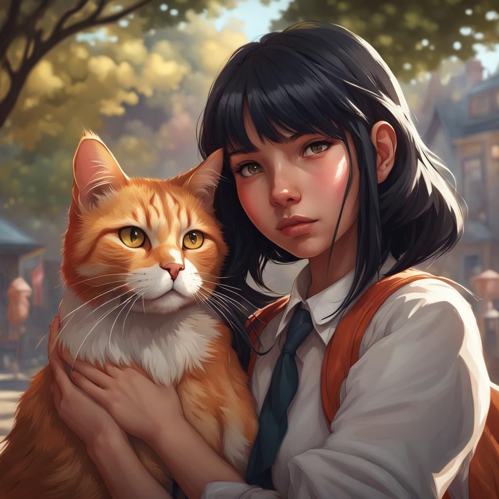 School Girl with Cat: Detailed Digital Portrait
