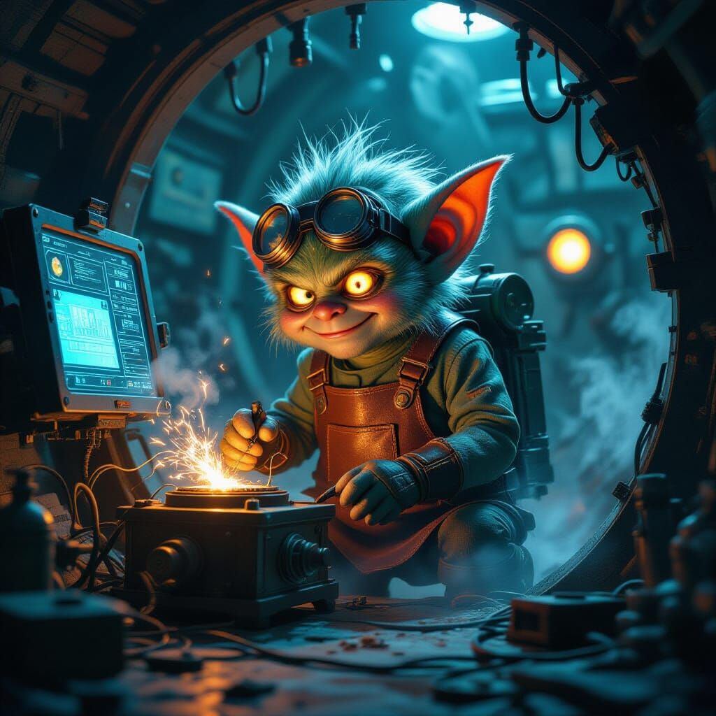 Gremlin Repairs Time Machine in Hyperrealistic Impasto Style