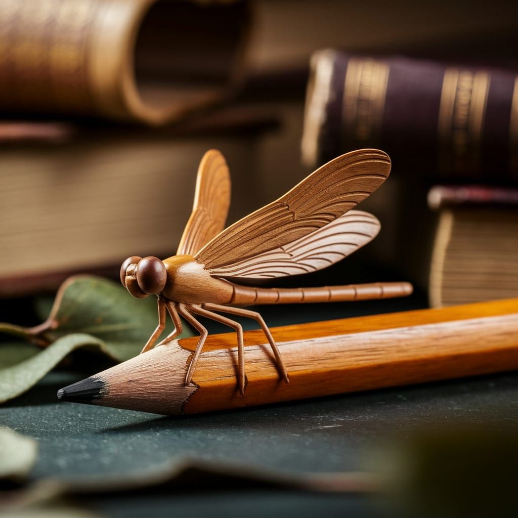 Intricately Carved Wood Dragonfly on Vintage Pencil