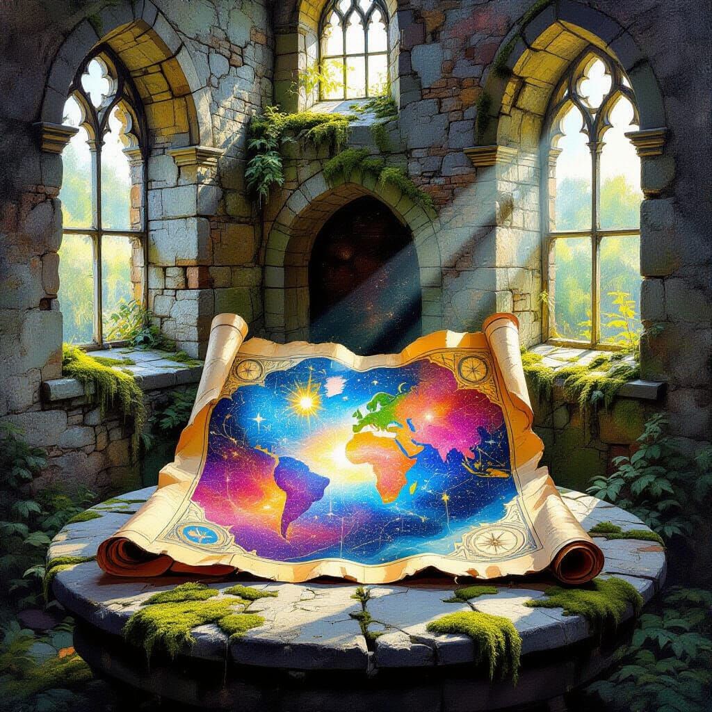 Ancient Map in Overgrown Courtyard - Impressionistic Oil Pai...