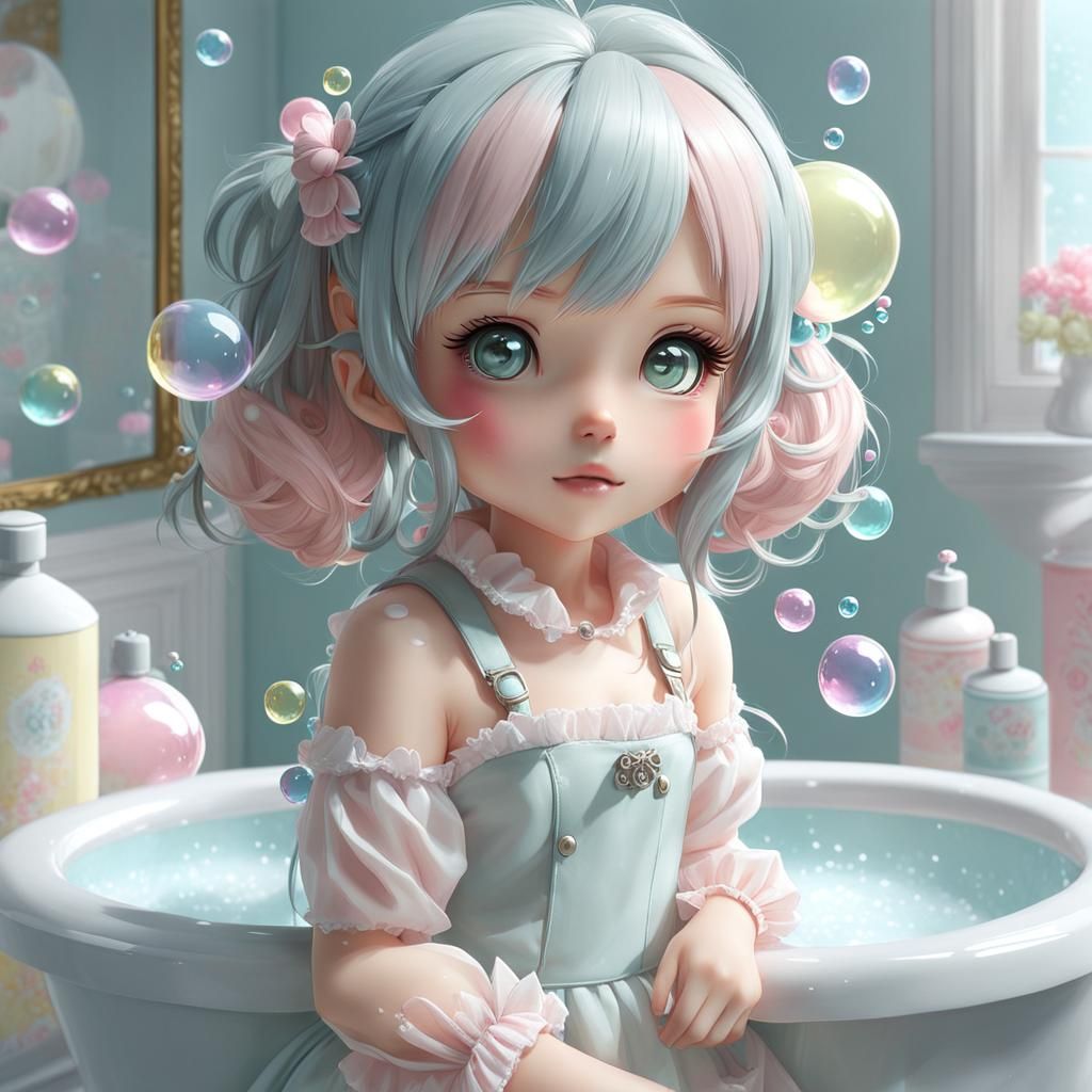 Pastel Kawaii Doll in Bathroom with Bubbles