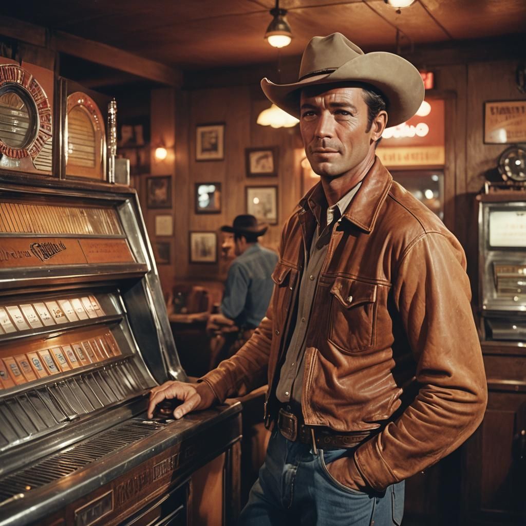 Cowboy at Jukebox in Dimly Lit Bar - Cinematic Still