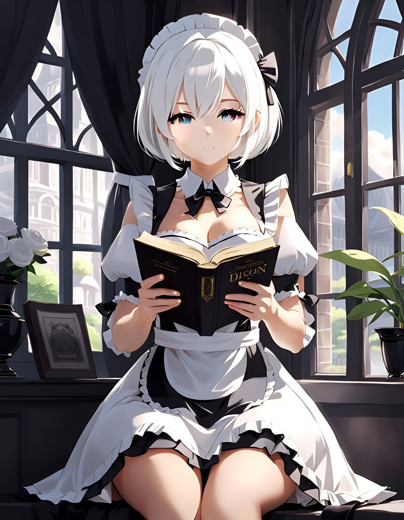Anime Maid Reading a Book by a Window