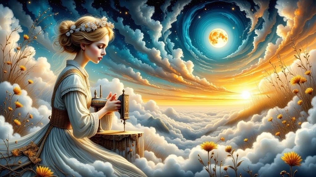 Surreal Dreamscapes: A Woman Weaves the Sky with Golden Thre...