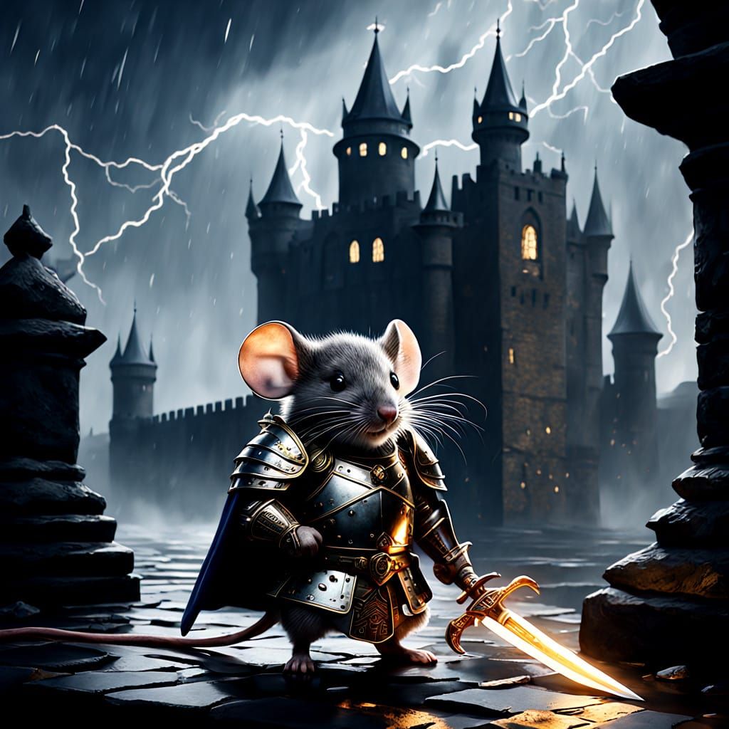 Medieval Mouse Knight Stands Tall in the Storm