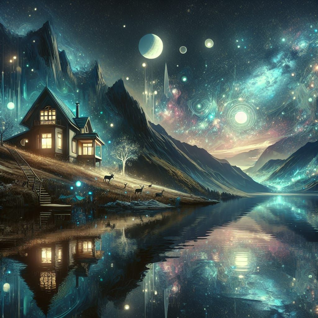 Mountain Lake House Reflecting Moon and Galaxy
