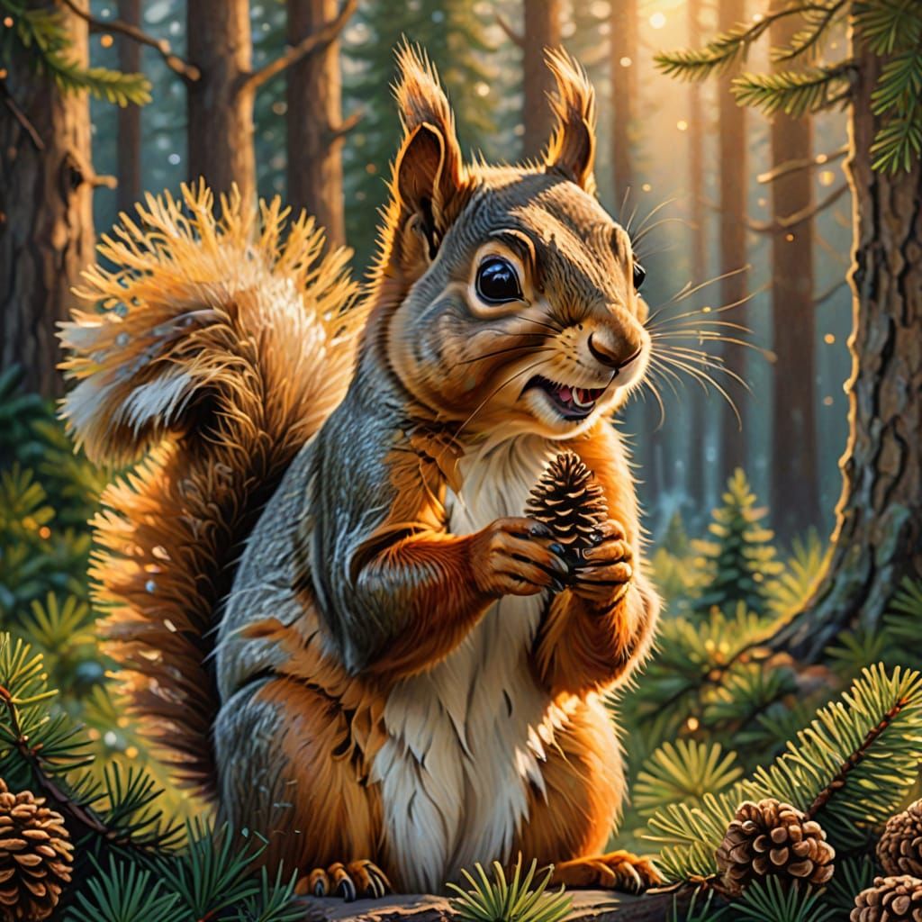 Mischievous Squirrel with Golden Cone: Vibrant Oil Painting