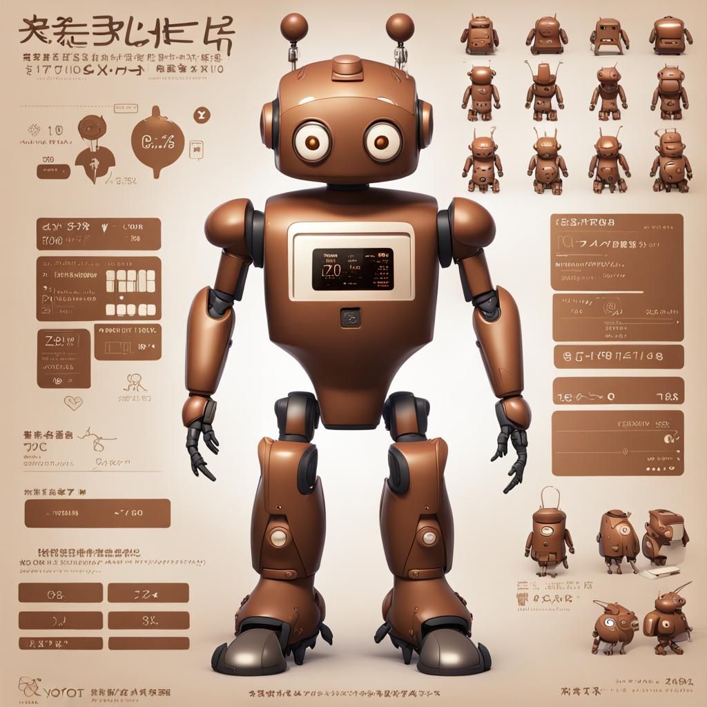 Cute Brown Robot Character Sheet in 3D Style