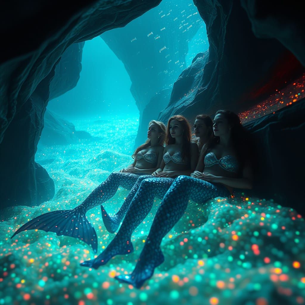 Majestic Mermaids in Iridescent Underwater Grotto