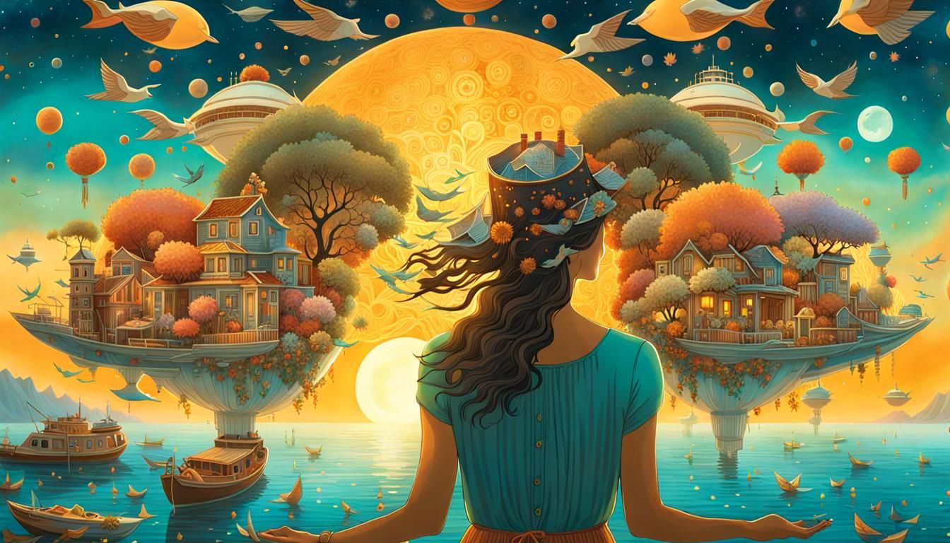 Woman Holding Cosmos in Surreal Dreamscape