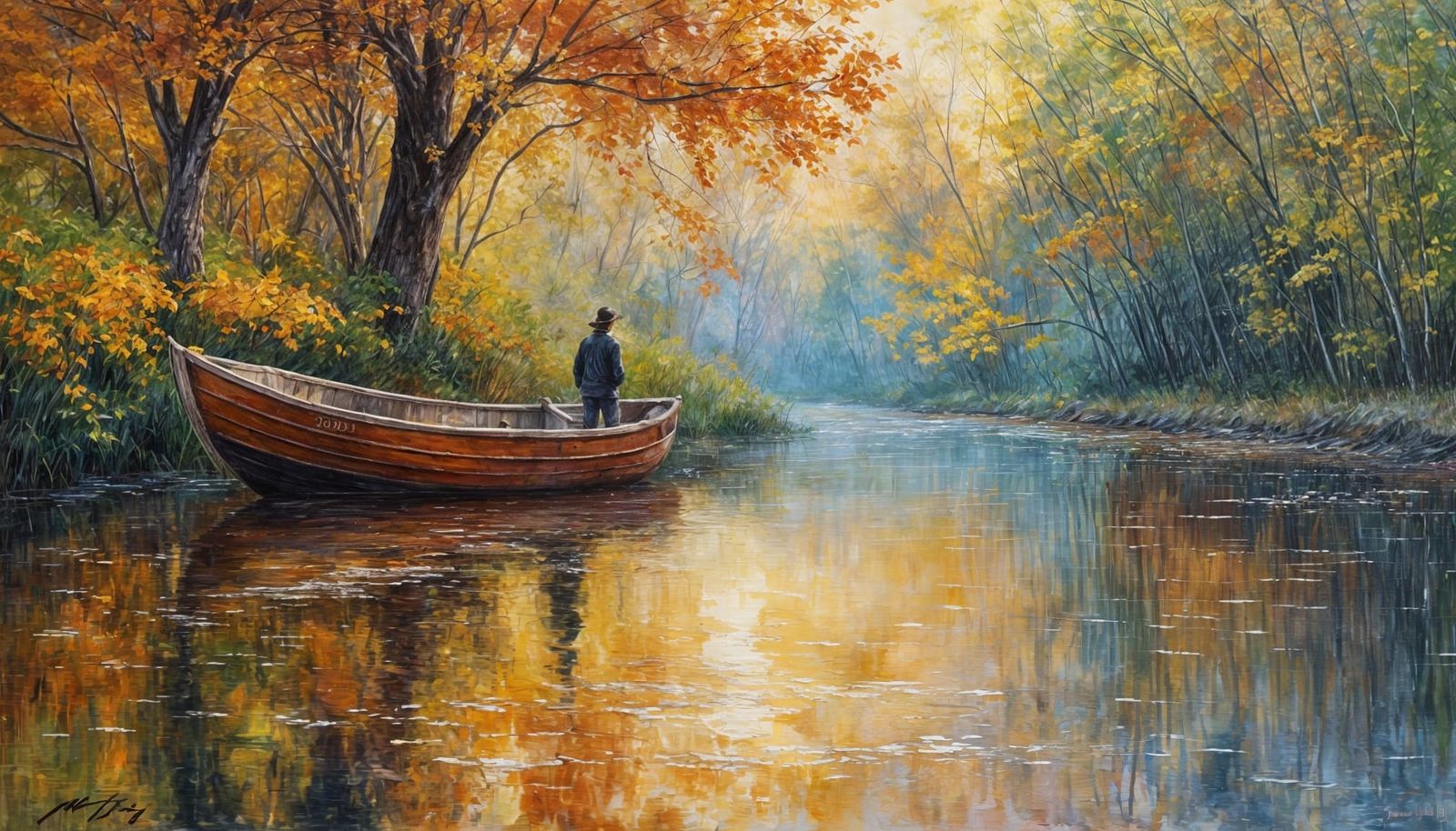 Autumn River Sunset in Impasto Oil Painting Style