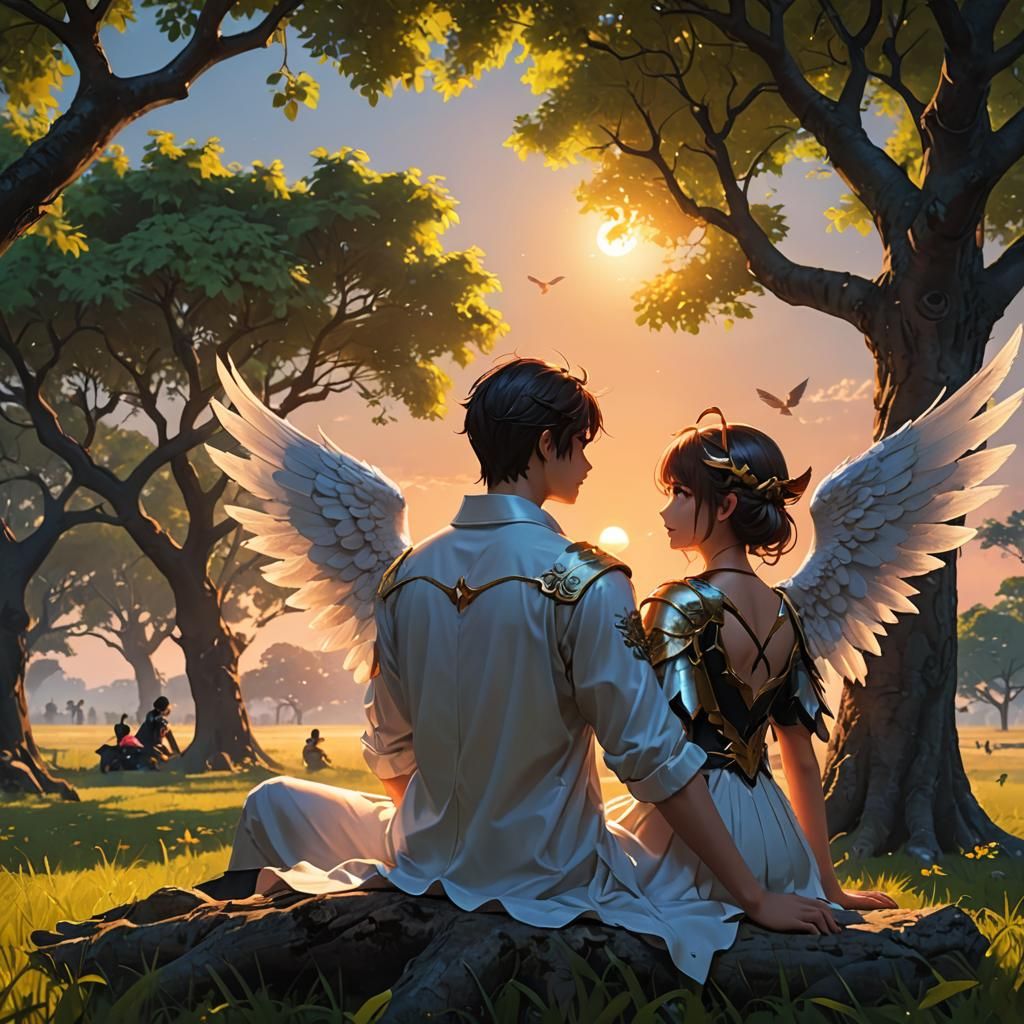 Angel and Demon Sunset: 3D Anime Art