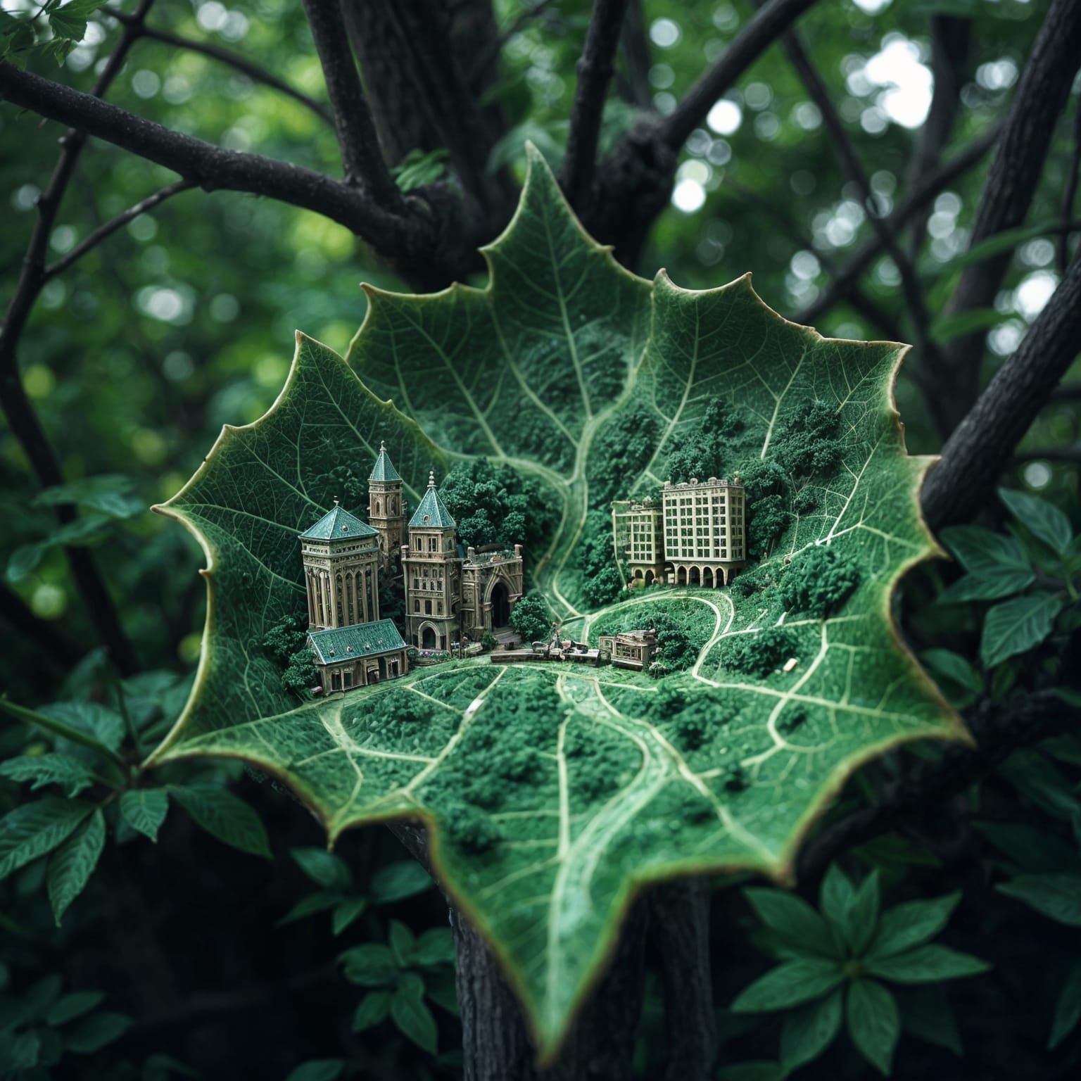 Miniature City on Leaf: Macro Photography