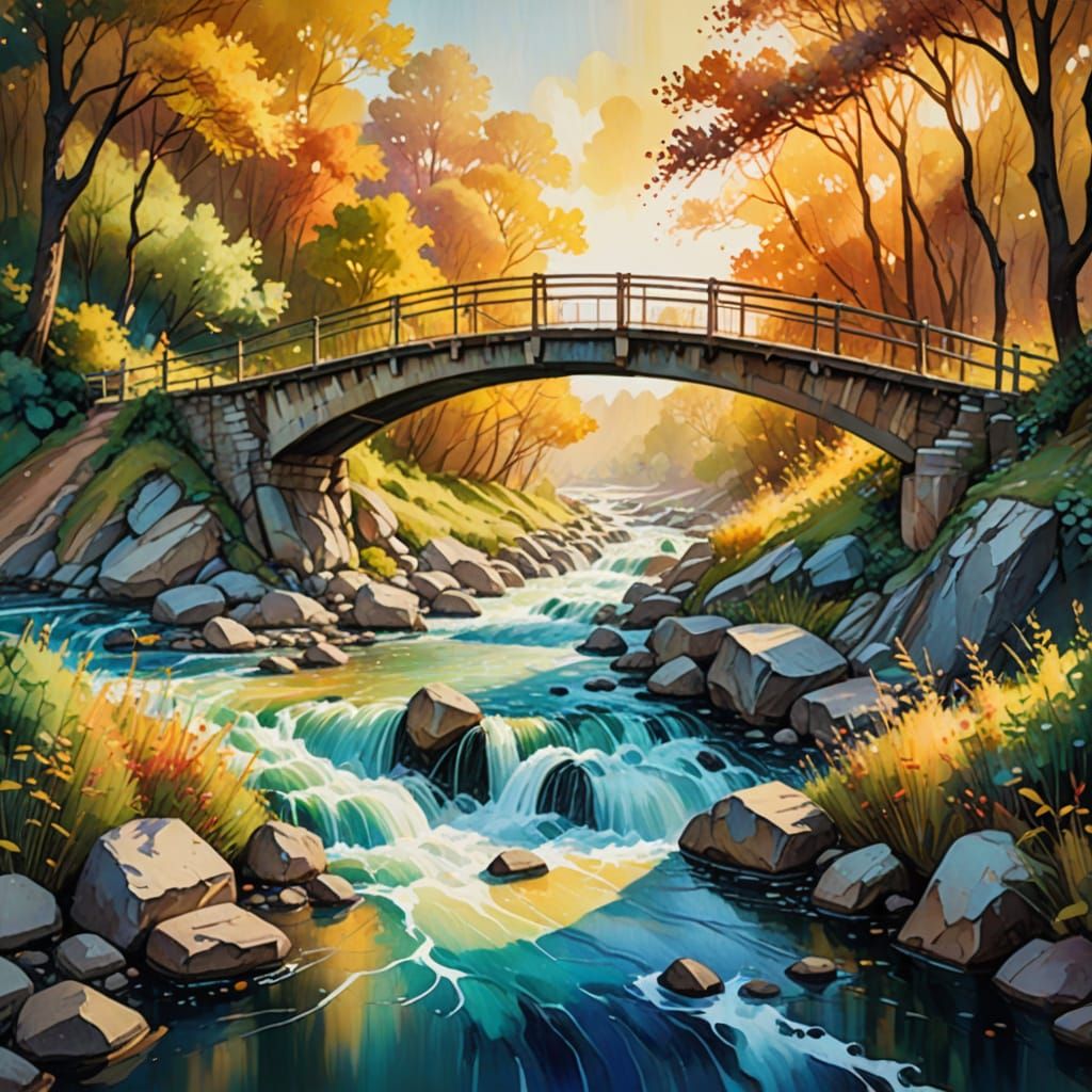 Watercolor Brush Bridge in Dreamy Landscape