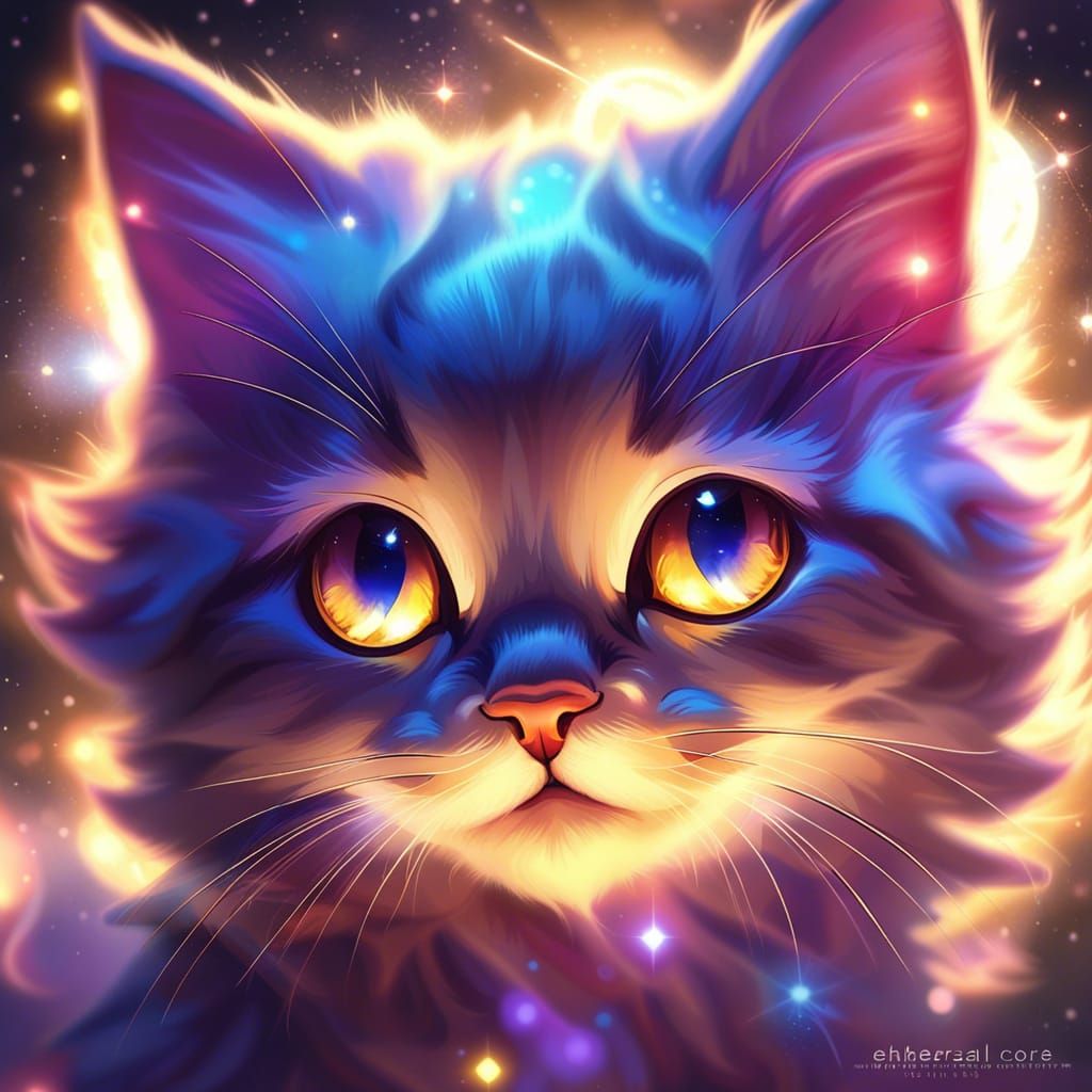 Astrophysical Kitten with Galaxy Stars, Surreal Chromalithog...