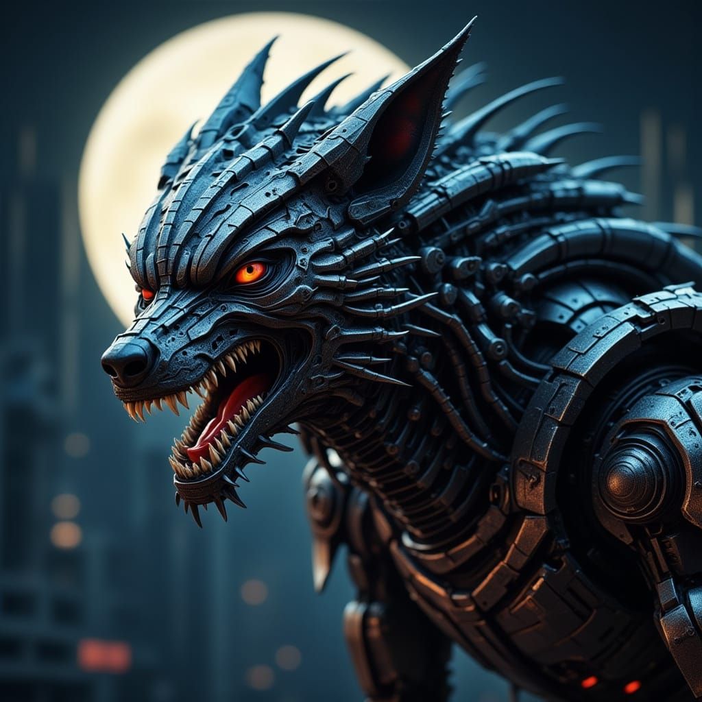 Biomechanical Wolf Attack Under Full Moon