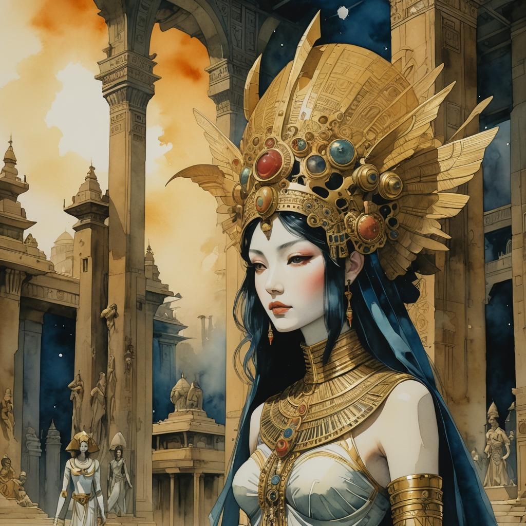 Surreal Egyptian Temple: Watercolor and Ink Fantasy
