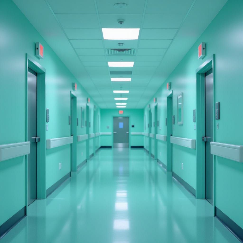 Eerie Mint Green Hospital Hallway in Liminal Space