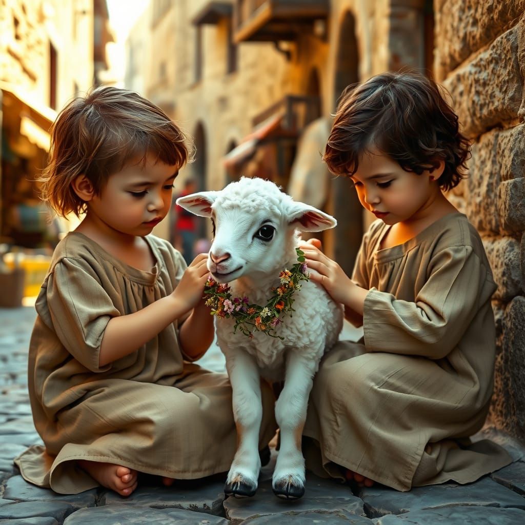 Lamb in Ancient Jerusalem Streets Surrounded by Loving Child...