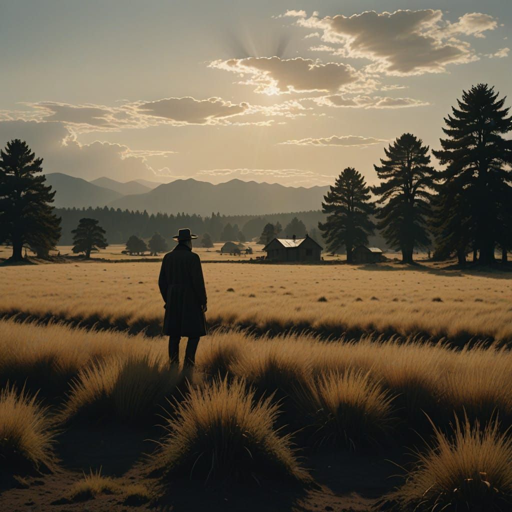 Epic Cinematic Landscape with Lone Figure, Golden Hour Light...