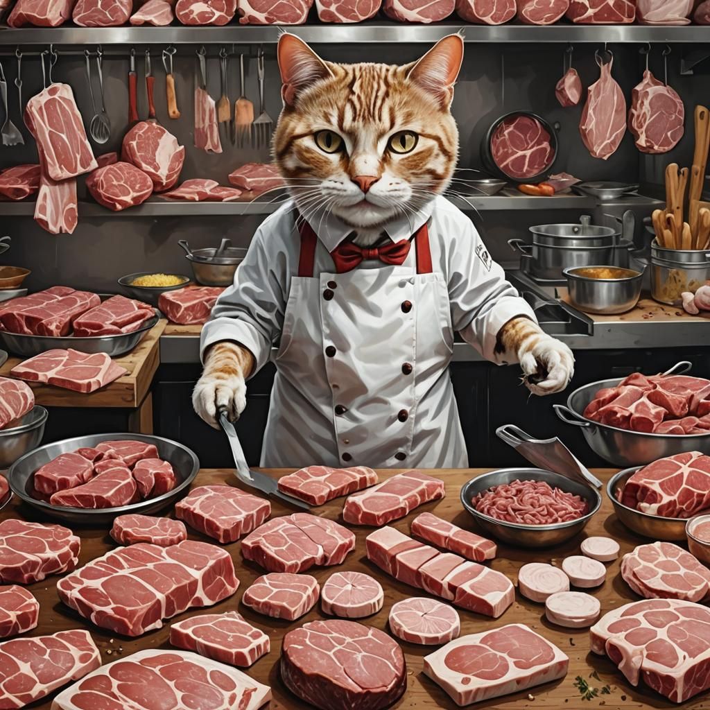 Hyperdetailed Butcher Cat Prepares a Meal
