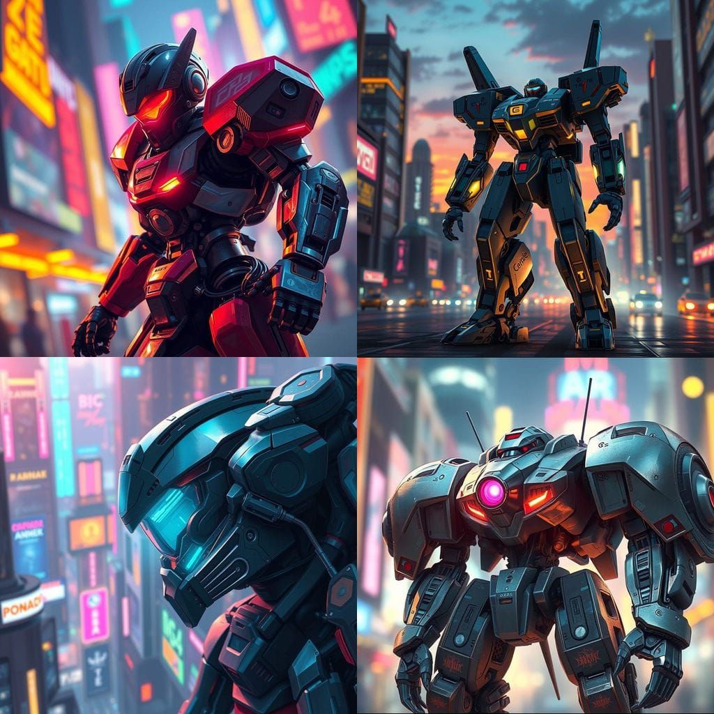 Ethereal Anime Mecha in a Vibrant Bokeh Cityscape