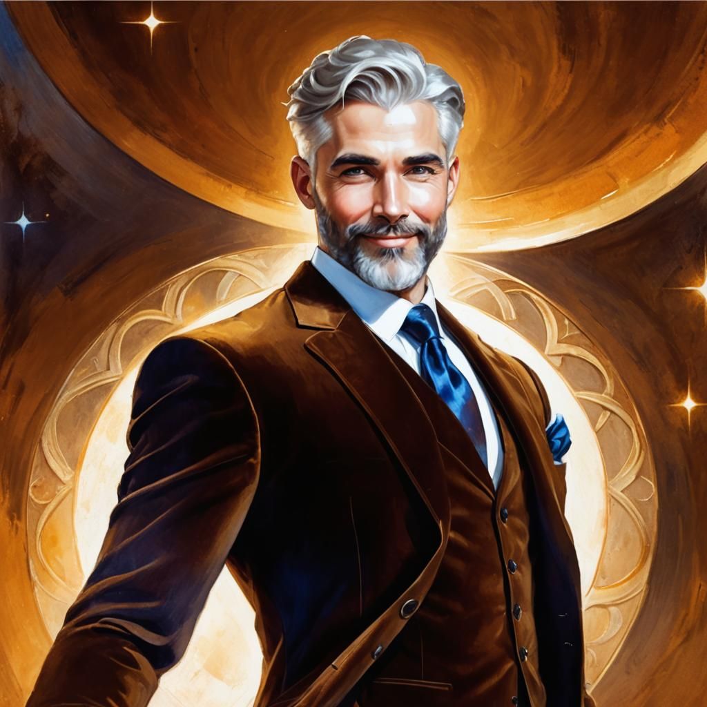 Silver-Haired Man in Velvet Suit: Art Nouveau Portrait