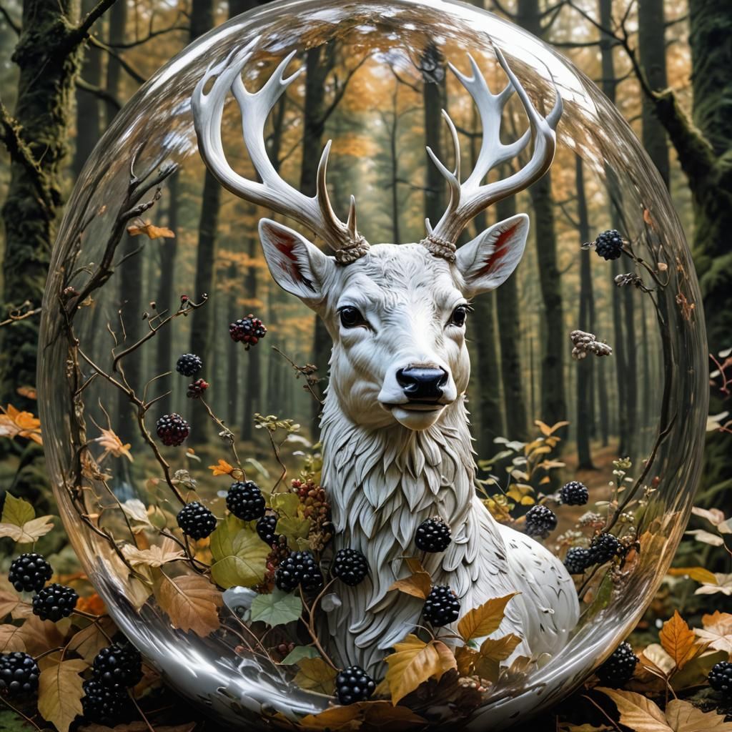 White Deer and Woman in Autumn Globe, 3D Portrait