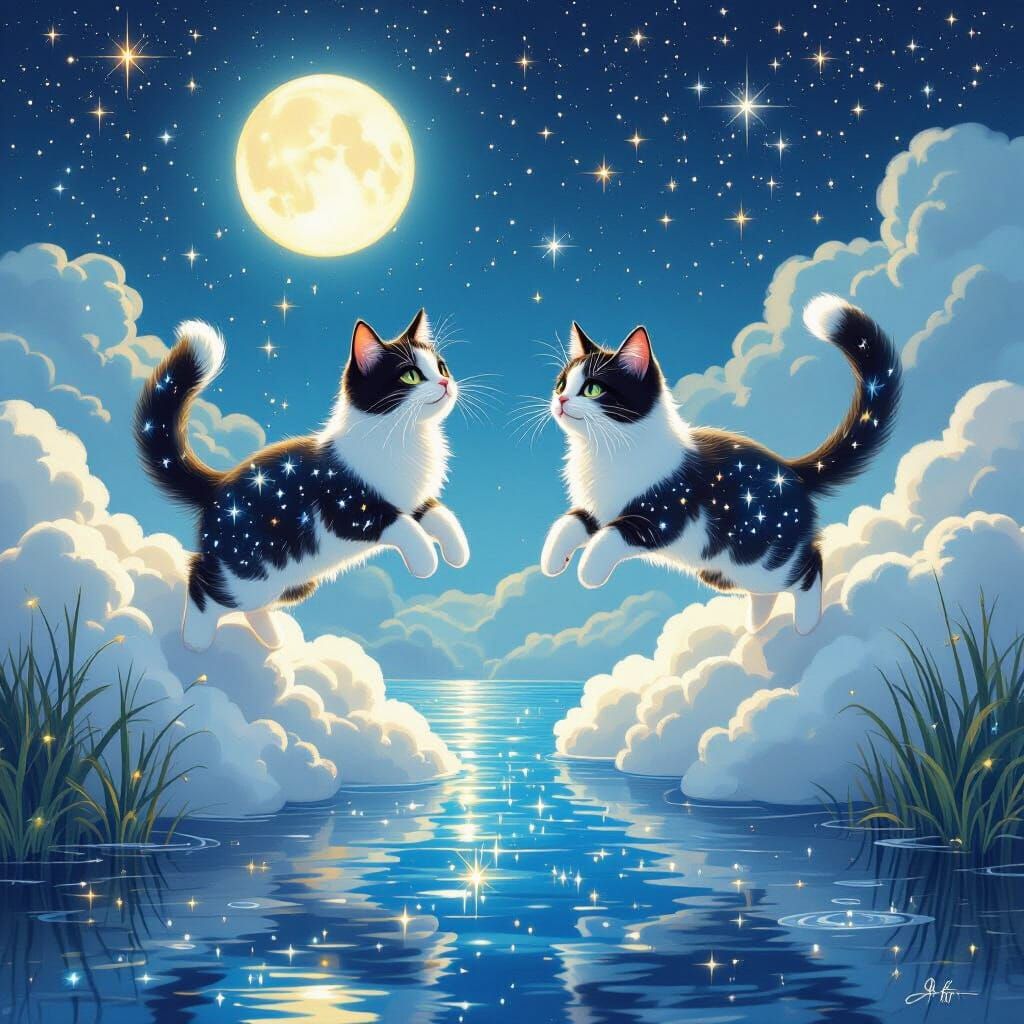 Celestial Cats Leap on Starry Clouds Over Moonlit Lake
