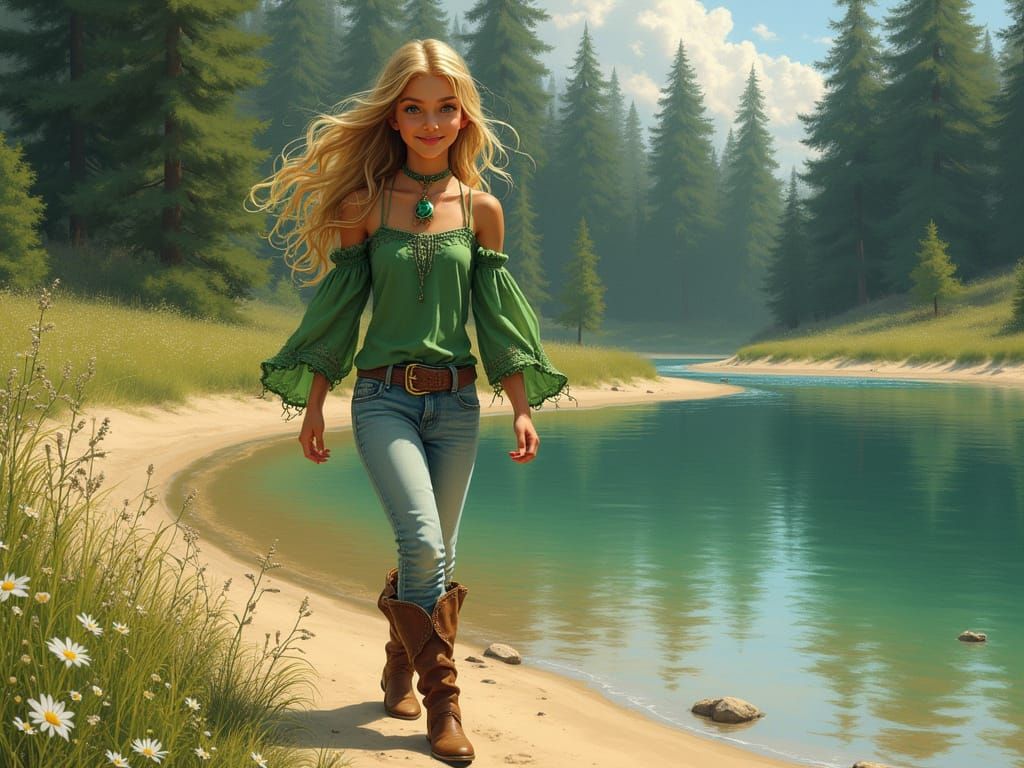 Surreal Summer Goddess Strolls by Serene Lake