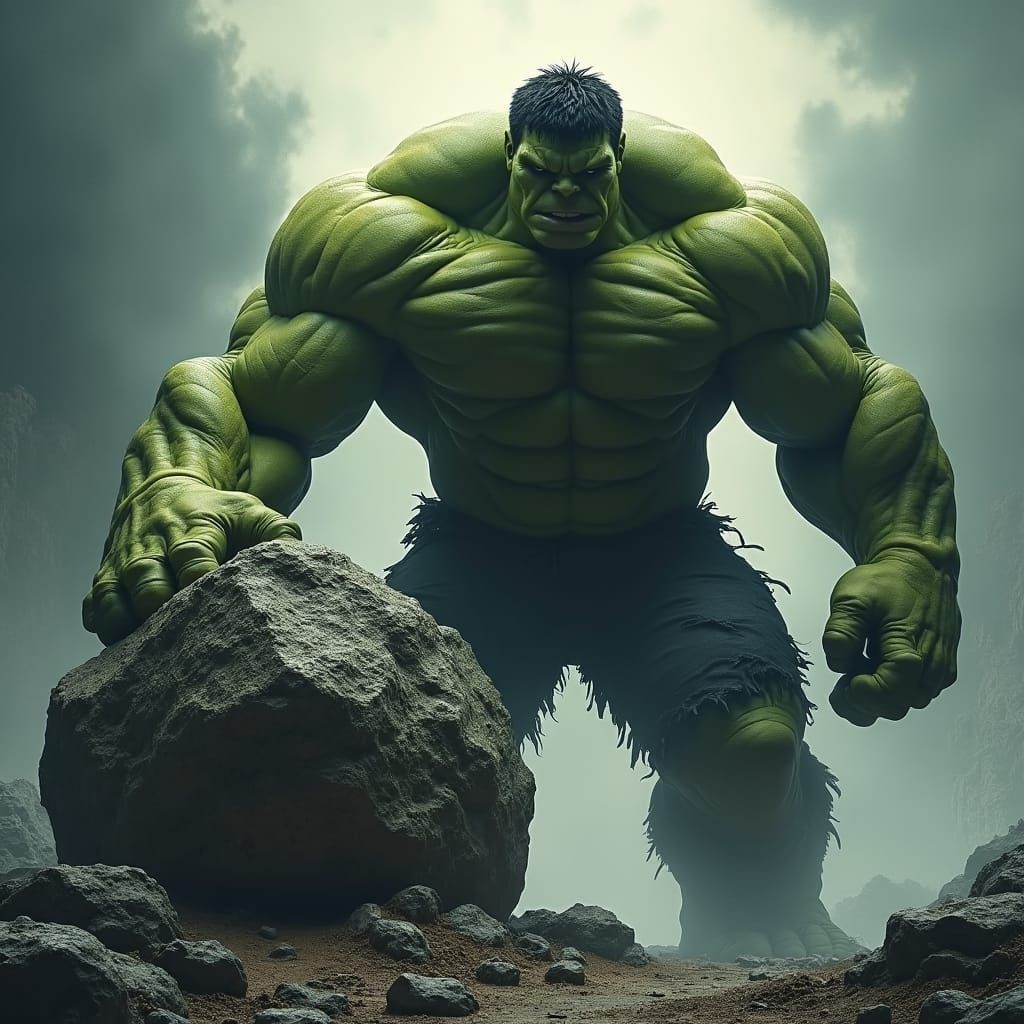 Hulk Grasps Colossal Boulder in Hyperrealistic Style