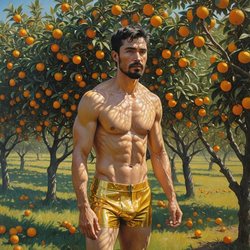 oil painting picture (10) of a 25 year old shirtless handsome man with black goatee, black short hair, dressed in pure g...