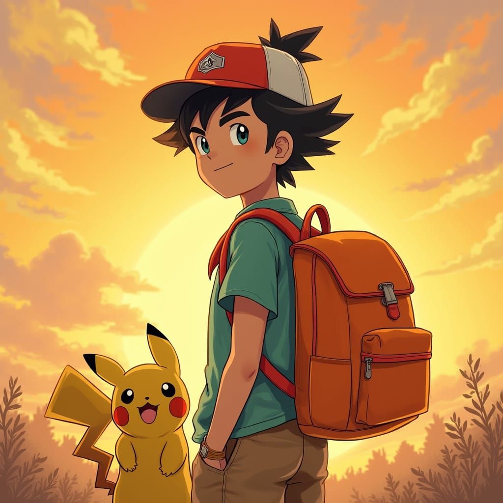 Pokémon Trainer with Pikachu in Illustration Style