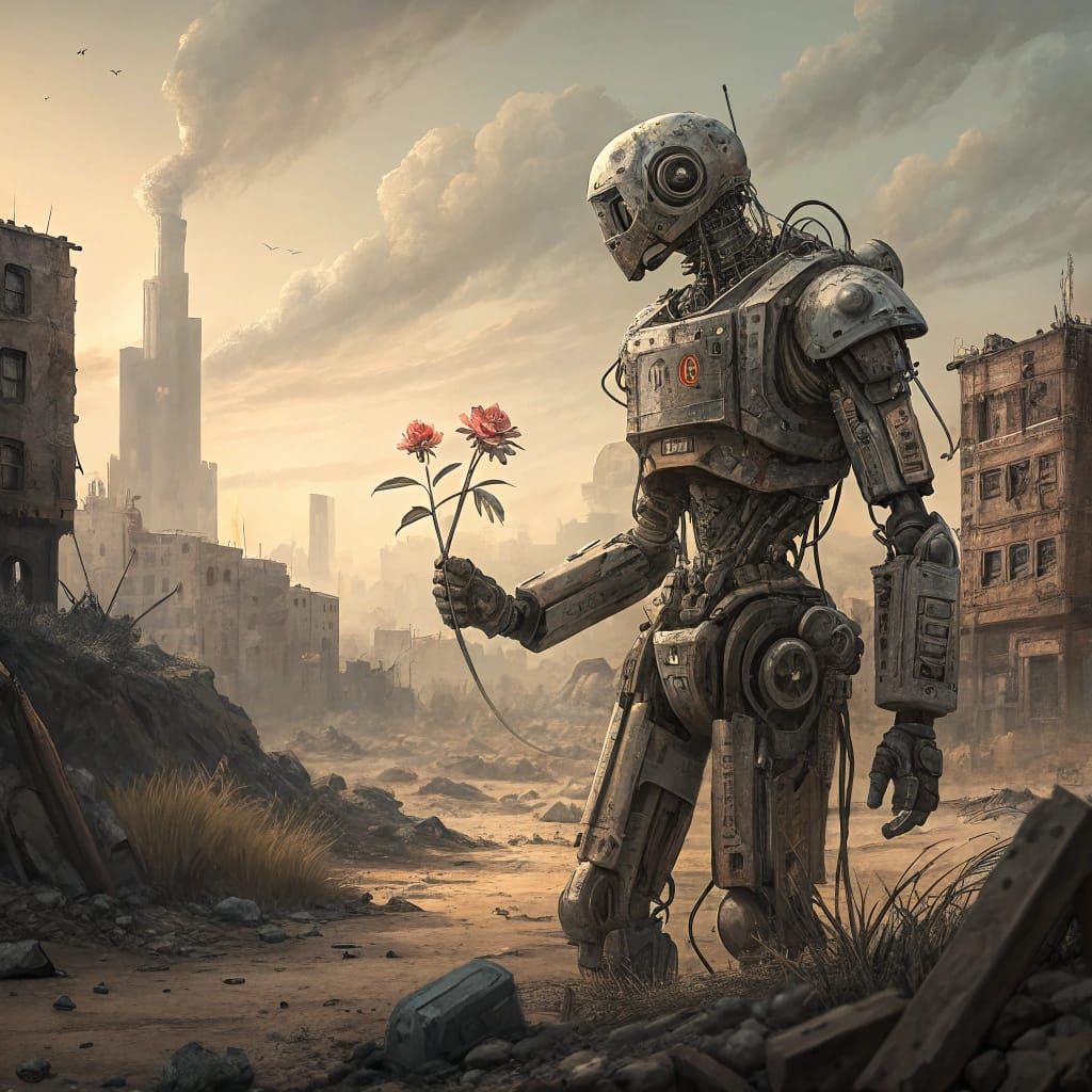 A lone robot stands amidst a desolate, post-apocalyptic land...