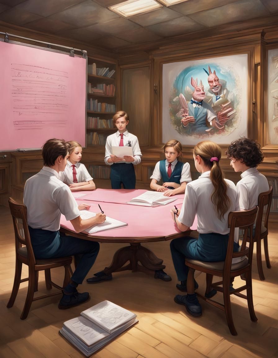 Scientology Classroom Scene in Hyperrealistic Style