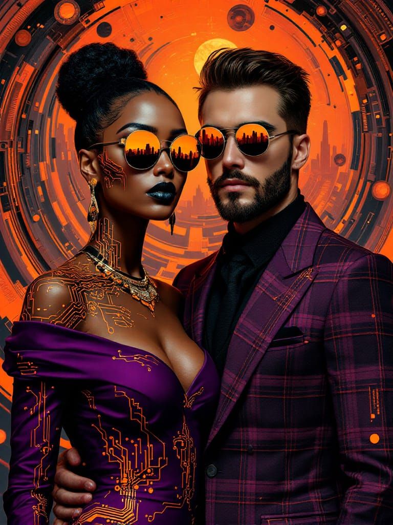 Cybernetic Couple in Futuristic Cityscape