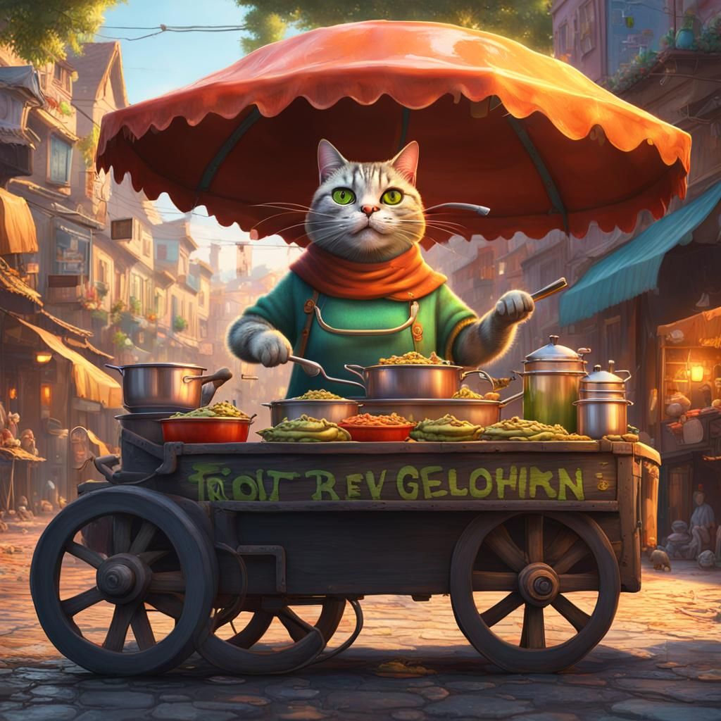 Hyperrealistic Cat Grandmother Cooking with Cyber Cat