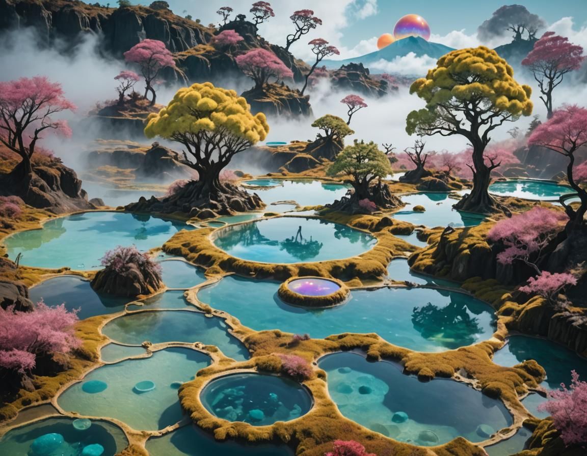 Otherworldly Hot Springs Landscape with Floating Orb Trees
