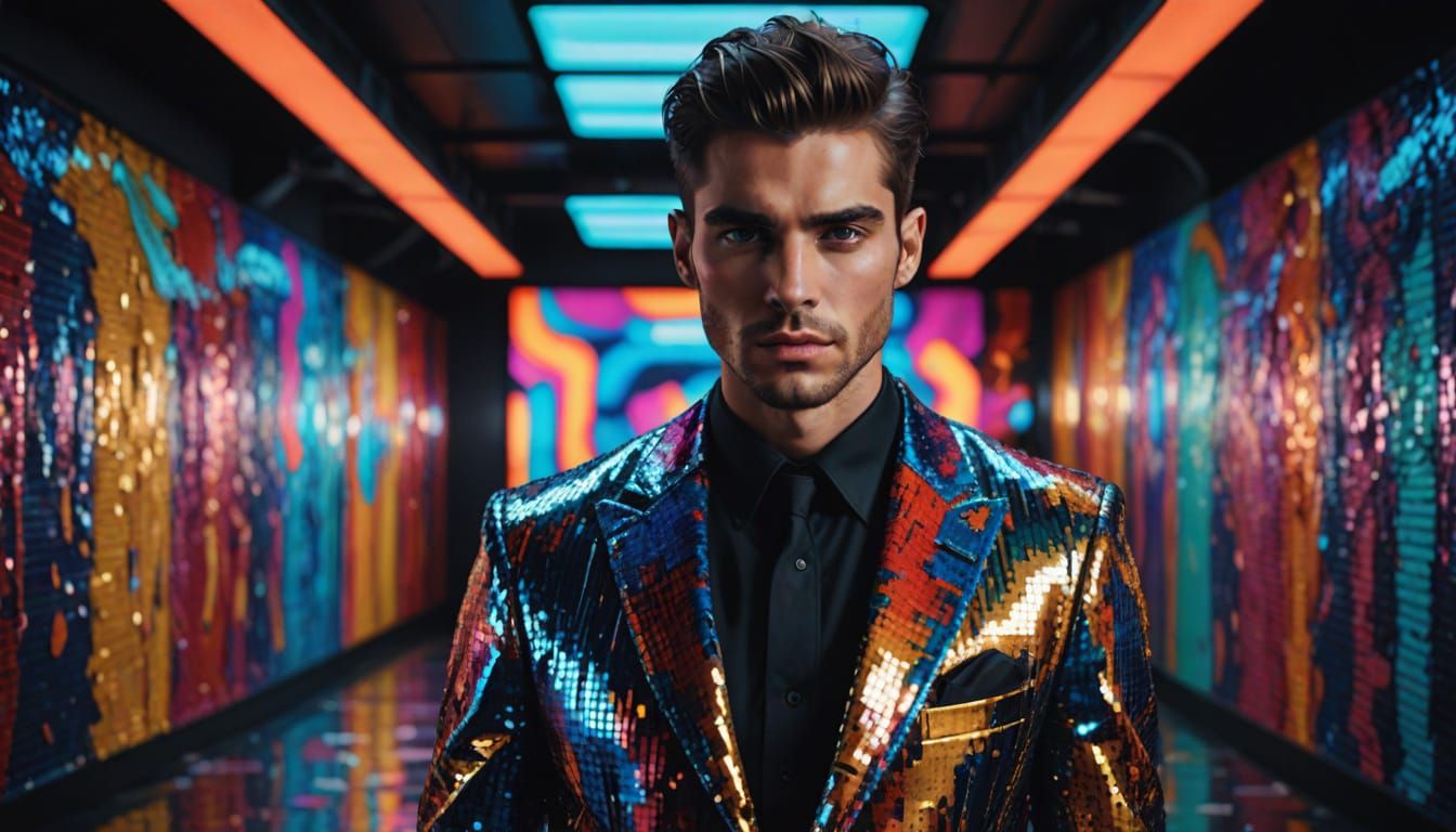 Glamorous Male Model Struts on Vibrant Runway in Hyperrealis...