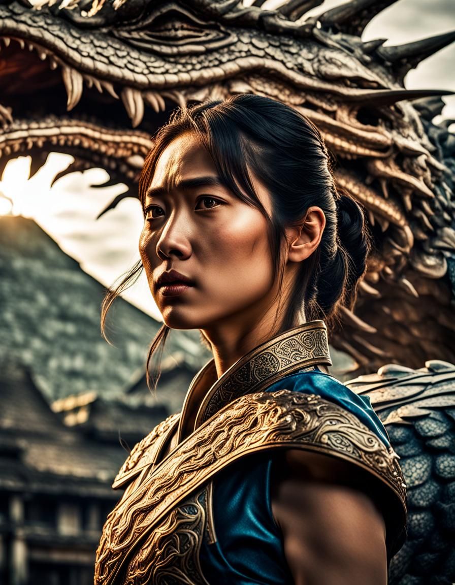 Asian Woman Fighting Dragon in Hyperrealistic Style
