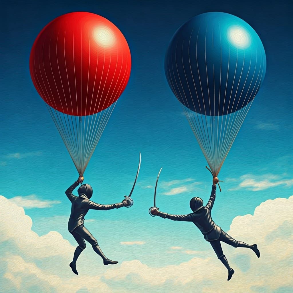 Swordsmen Duel in Air, Impressionist Painting