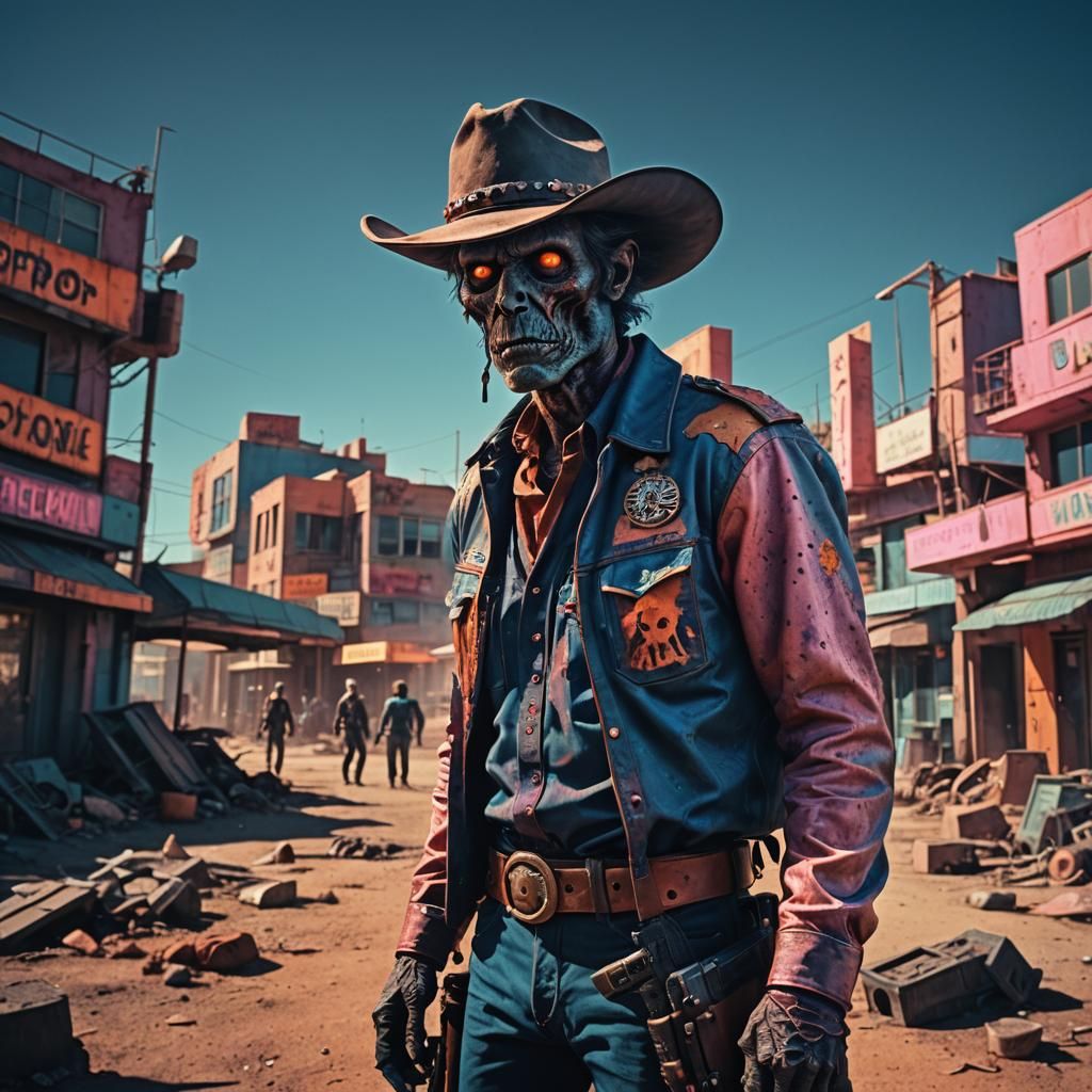 Zombie Cowboy in Retro-Futuristic Metropolis, Cinematic Styl...