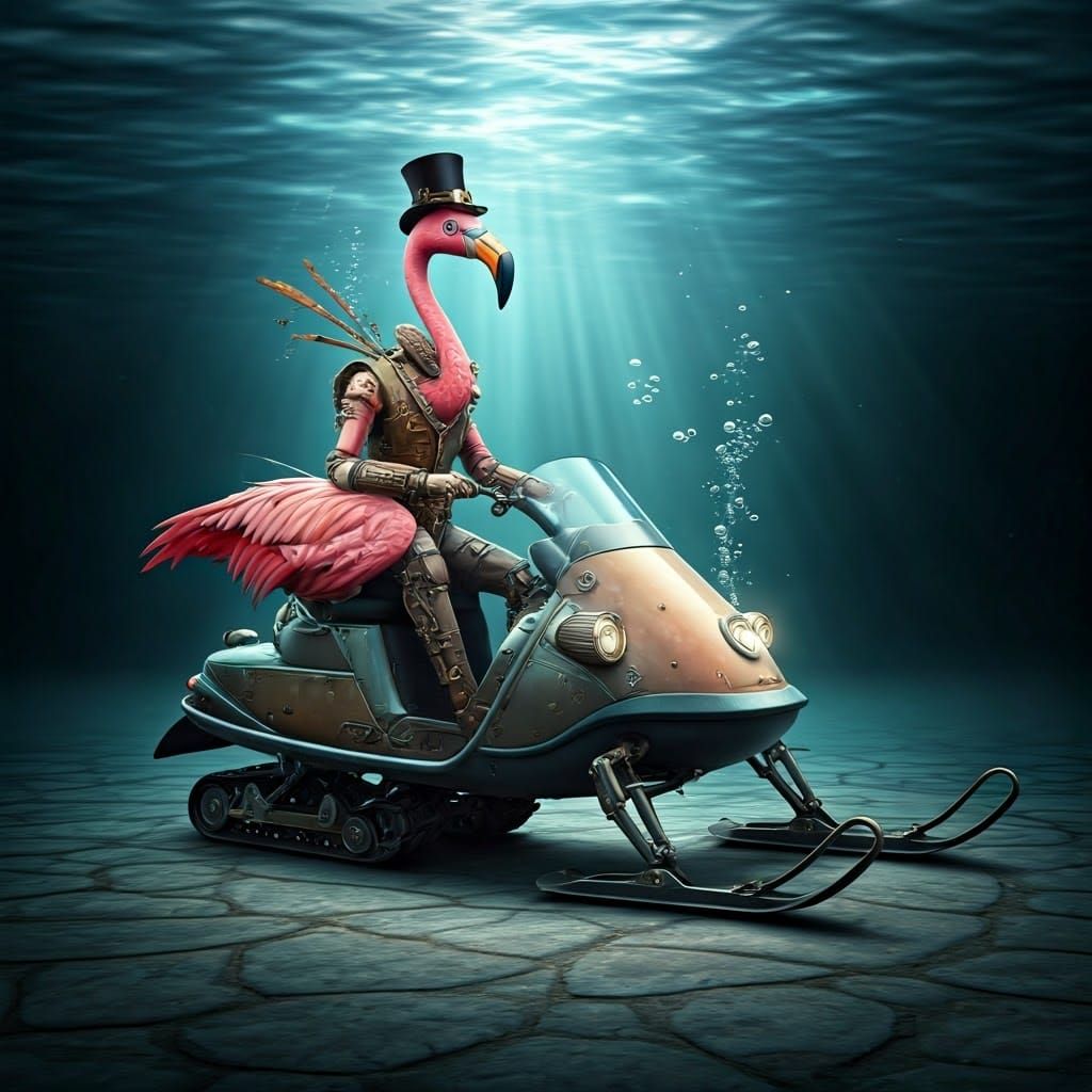Exceptional Steampunk Precisionism humanoid Flamingo character driving snowmobile, underwater steampunkish