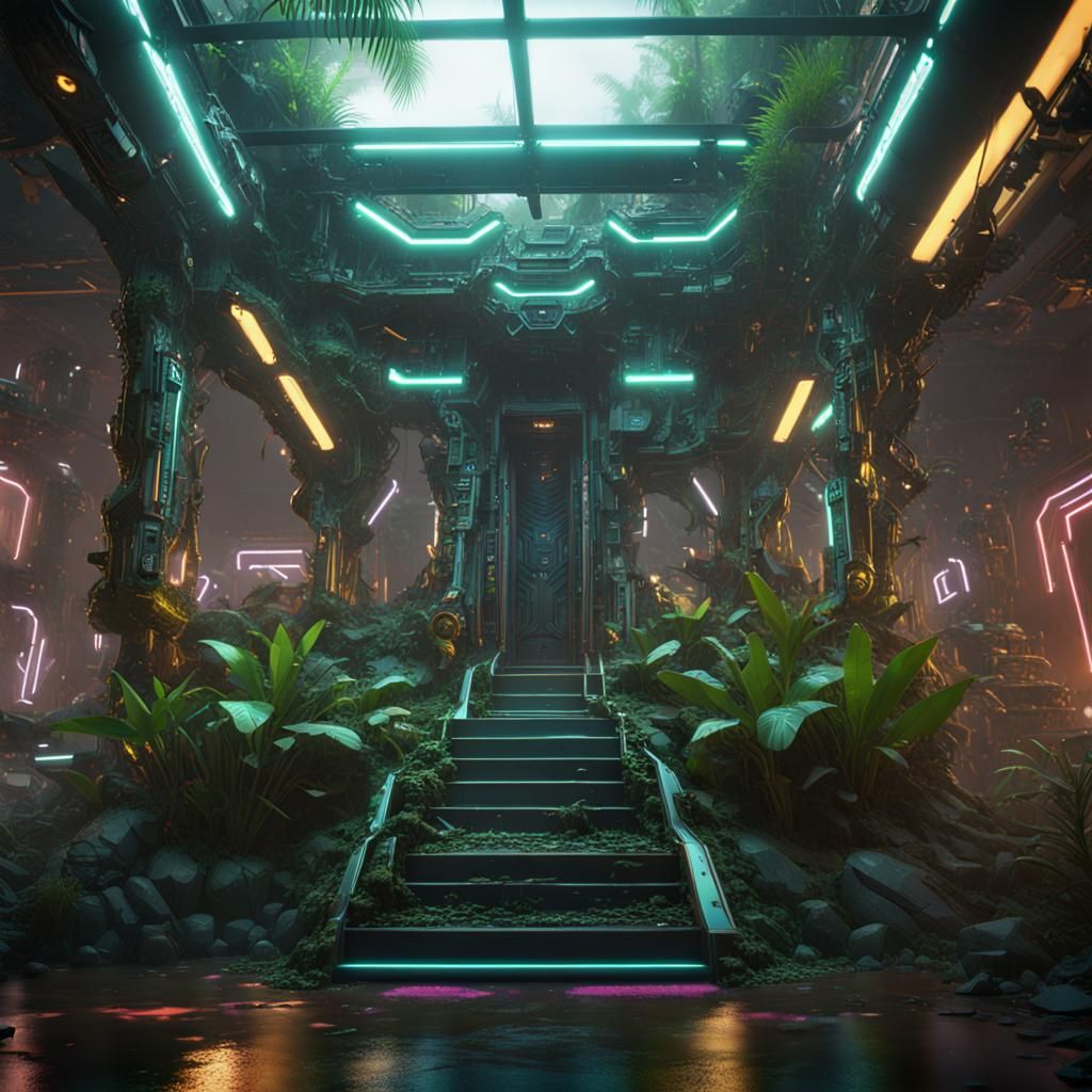 Futuristic Jungle Music Club with Intricate Mech Details