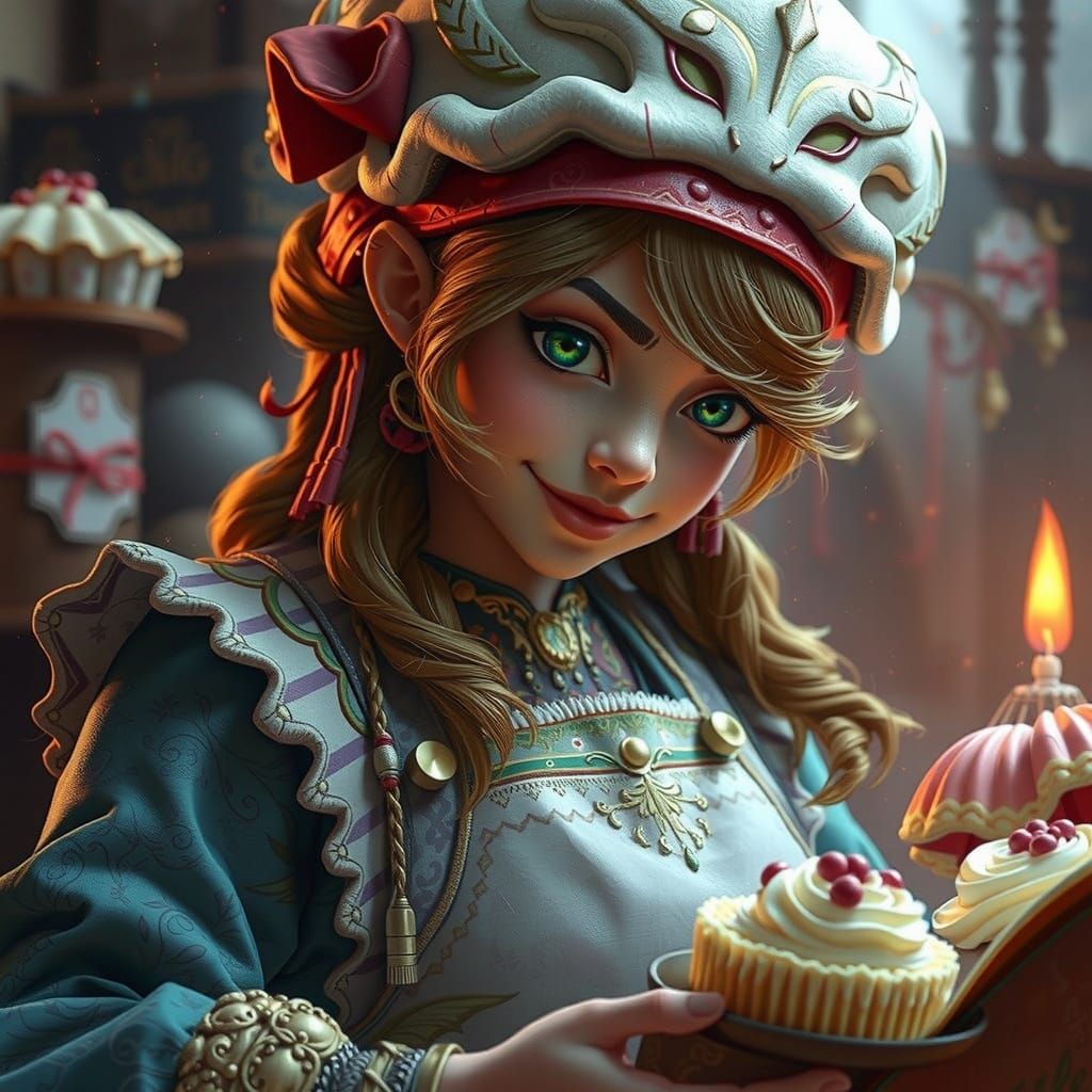 Fantastical Baker Bard in Vibrant Fantasy Realm