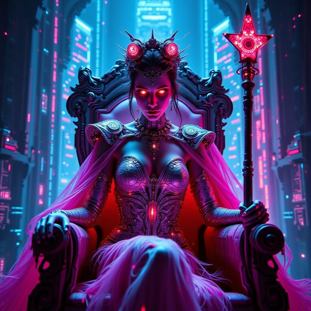 Cyberpunk Queen of Hearts Empress on Server Throne