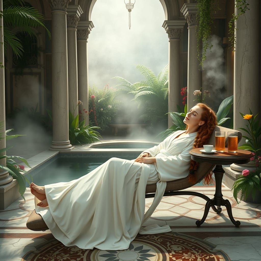 Elegant Woman in Medieval Bath, Art Nouveau Style